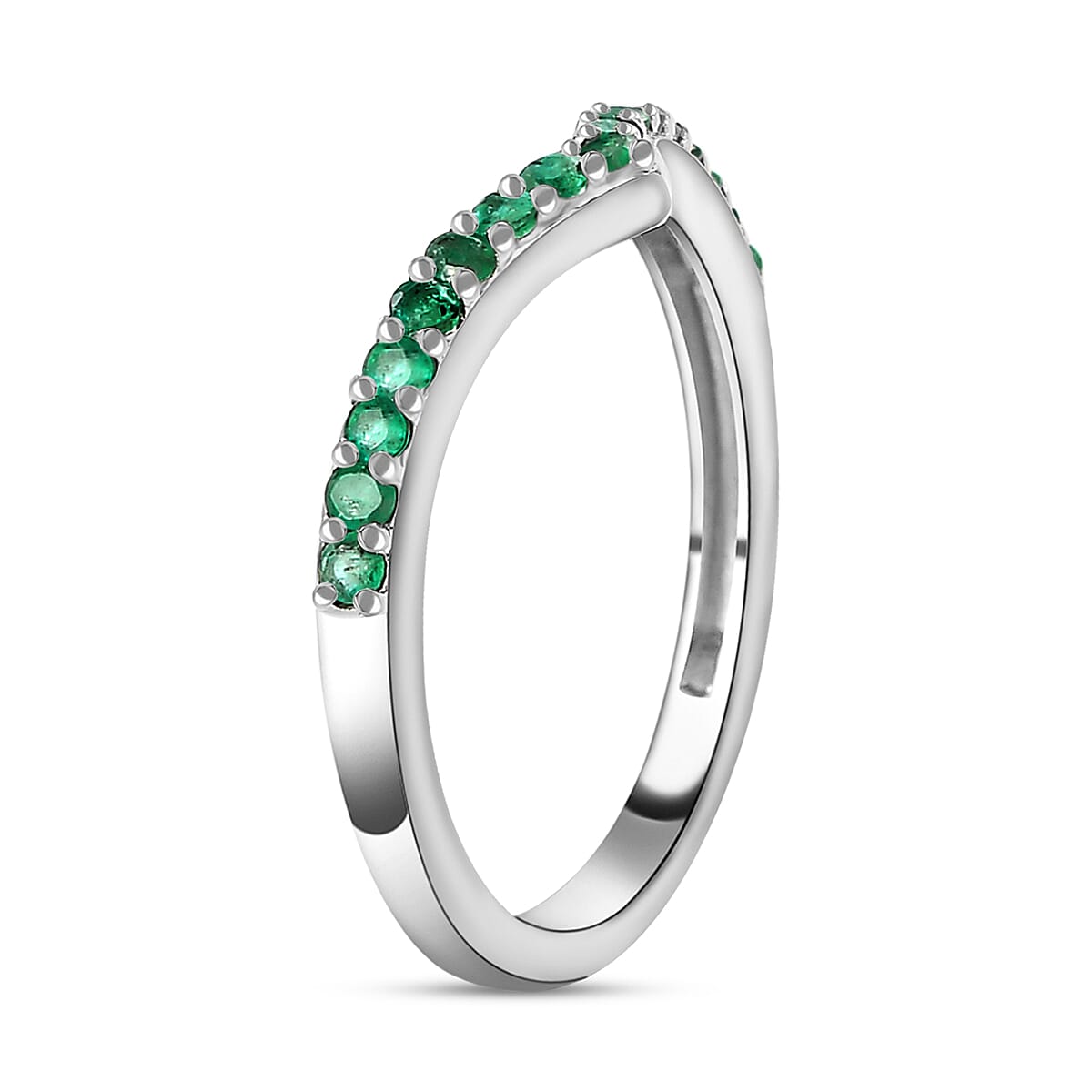 Kagem Zambian Emerald Wishbone Ring in Platinum Overlay Sterling Silver