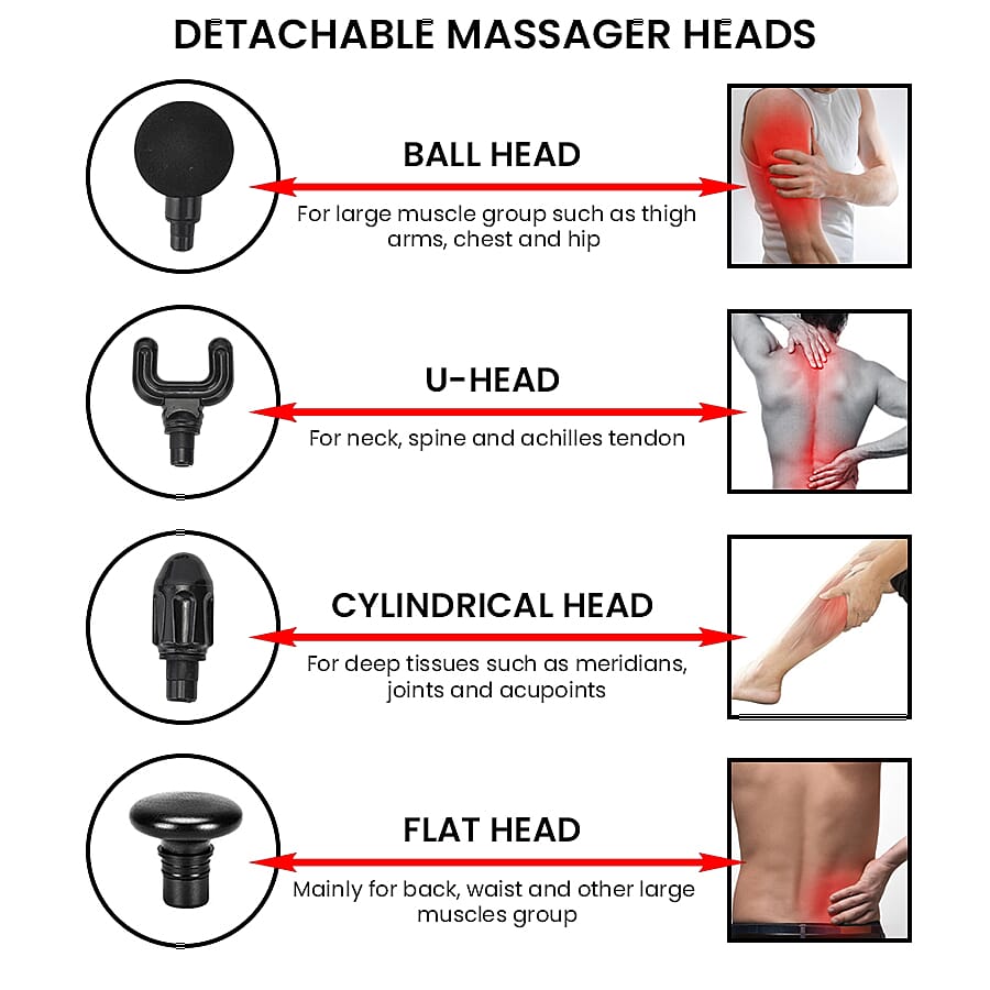 Handheld Rechargeable Deep Tissue Massage Gun with 4 Detachable Massage Head - Black