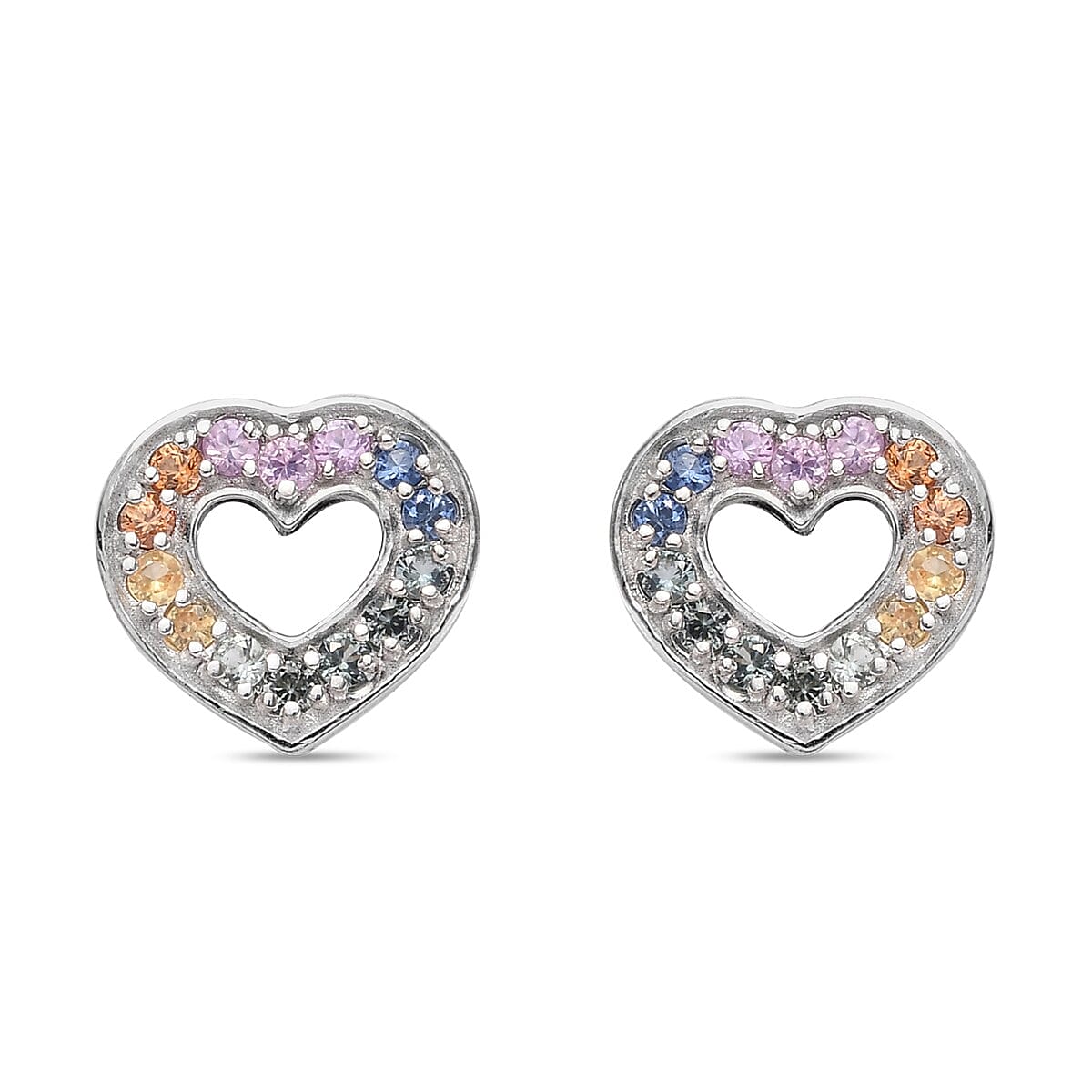 Rainbow Sapphire Heart Stud Earrings (with Push Back) in Platinum Overlay Sterling Silver 0.95 Ct.