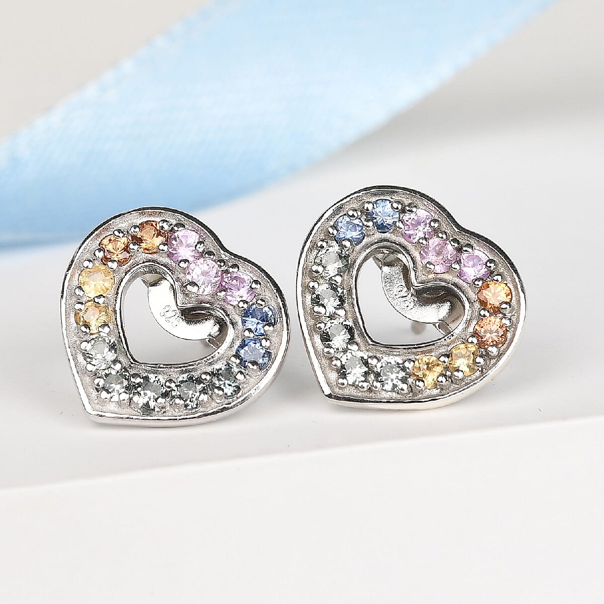 Rainbow Sapphire Heart Stud Earrings (with Push Back) in Platinum Overlay Sterling Silver 0.95 Ct.