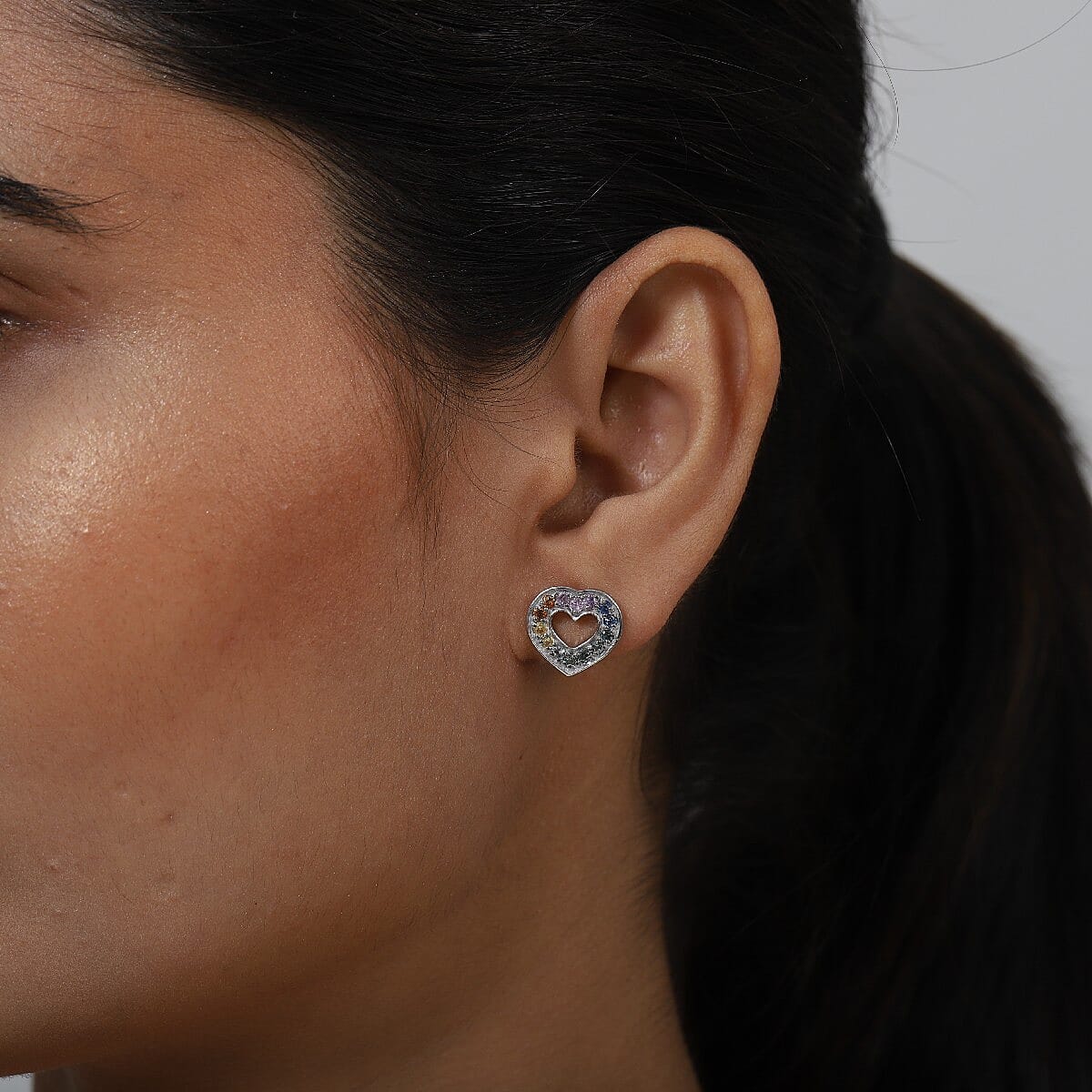 Rainbow Sapphire Heart Stud Earrings (with Push Back) in Platinum Overlay Sterling Silver 0.95 Ct.