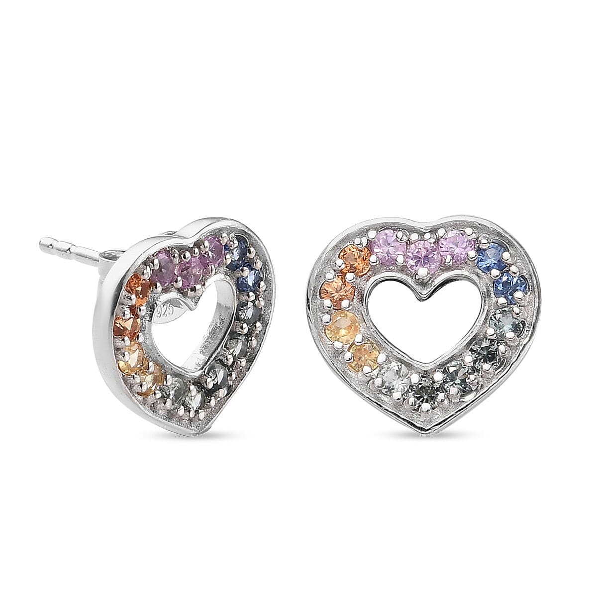 Rainbow Sapphire Heart Stud Earrings (with Push Back) in Platinum Overlay Sterling Silver 0.95 Ct.