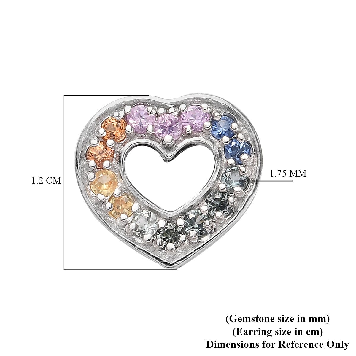 Rainbow Sapphire Heart Stud Earrings (with Push Back) in Platinum Overlay Sterling Silver 0.95 Ct.