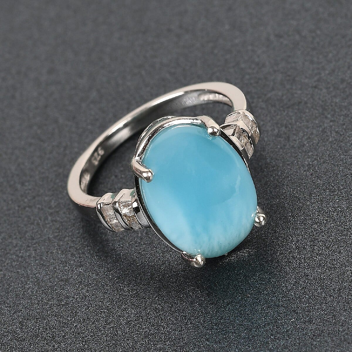 Dominian Republic Larimar and Diamond Ring in Platinum Overlay Sterling Silver 6.00 Ct.