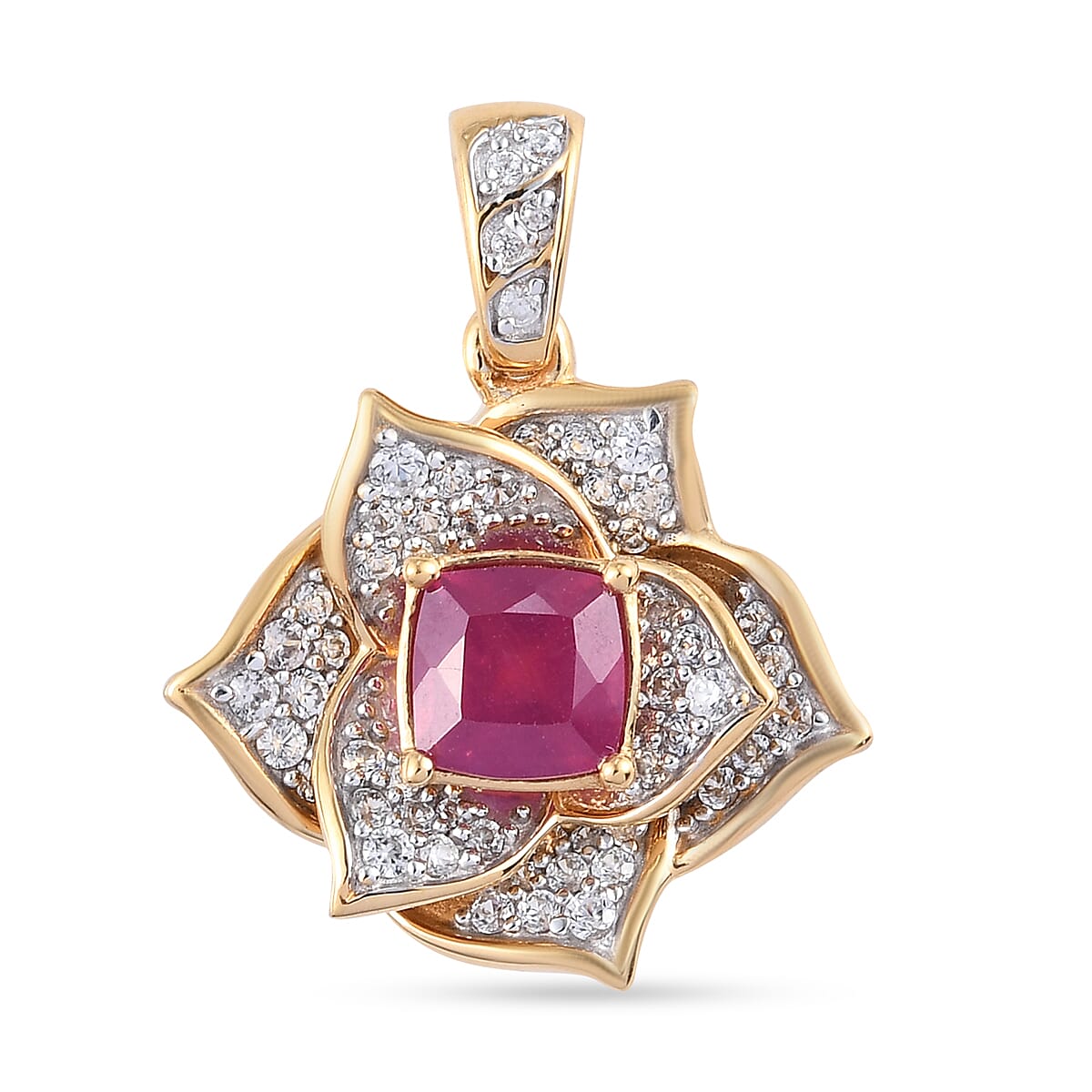 GP Itallian Garden Leaf and Flower - African Ruby (FF), Natural Cambodian Zircon and Blue Sapphire Floral Pendant in 14K Gold Overlay Sterling Silver 2.16 Ct.