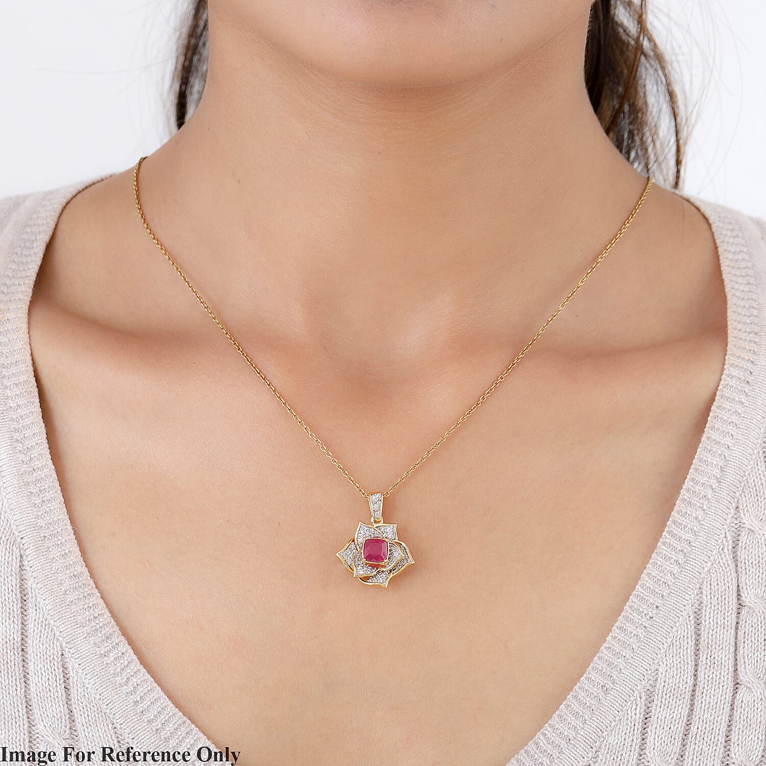 GP Itallian Garden Leaf and Flower - African Ruby (FF), Natural Cambodian Zircon and Blue Sapphire Floral Pendant in 14K Gold Overlay Sterling Silver 2.16 Ct.