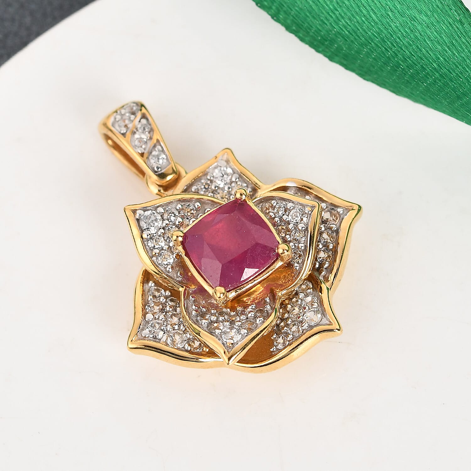 GP Itallian Garden Leaf and Flower - African Ruby (FF), Natural Cambodian Zircon and Blue Sapphire Floral Pendant in 14K Gold Overlay Sterling Silver 2.16 Ct.