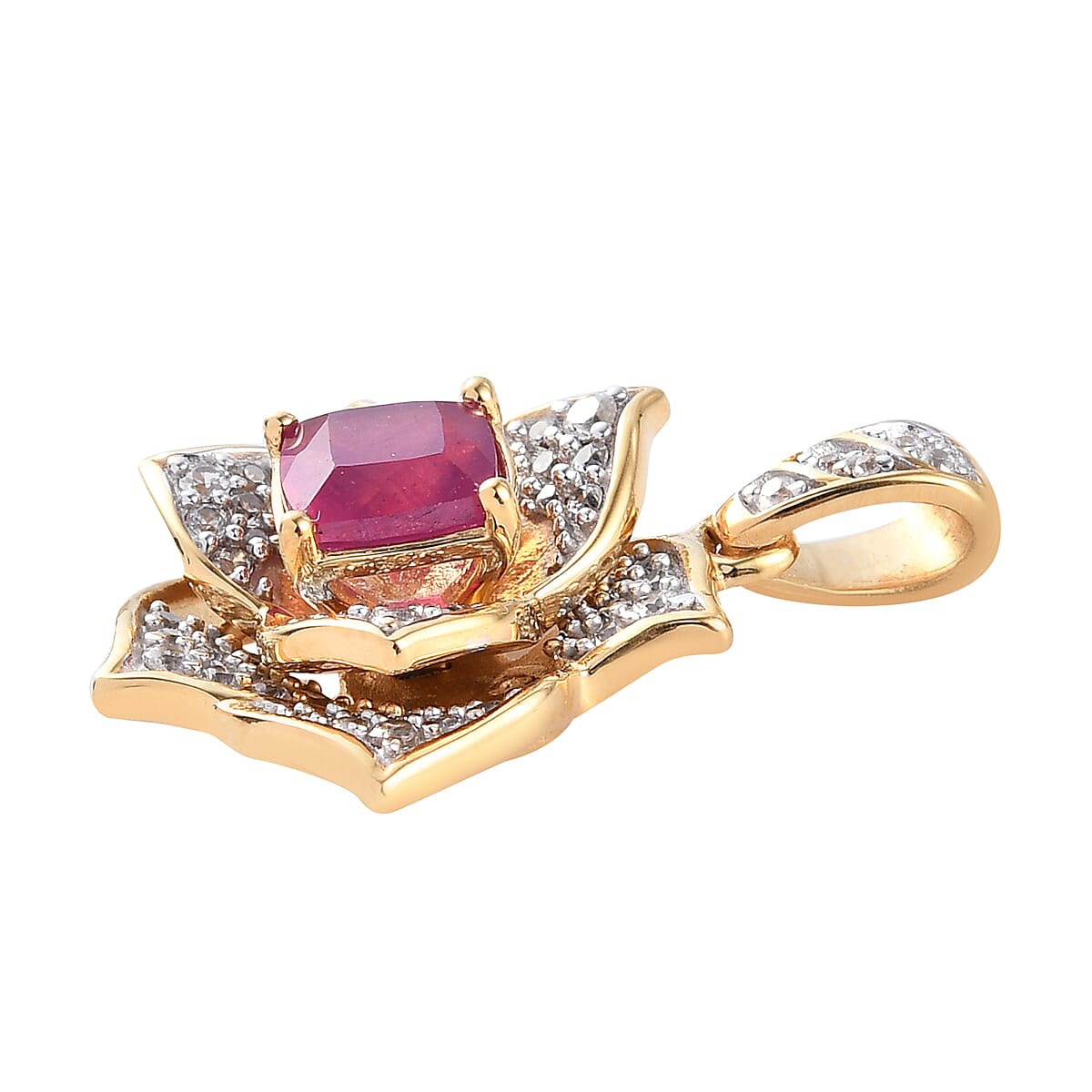 GP Itallian Garden Leaf and Flower - African Ruby (FF), Natural Cambodian Zircon and Blue Sapphire Floral Pendant in 14K Gold Overlay Sterling Silver 2.16 Ct.