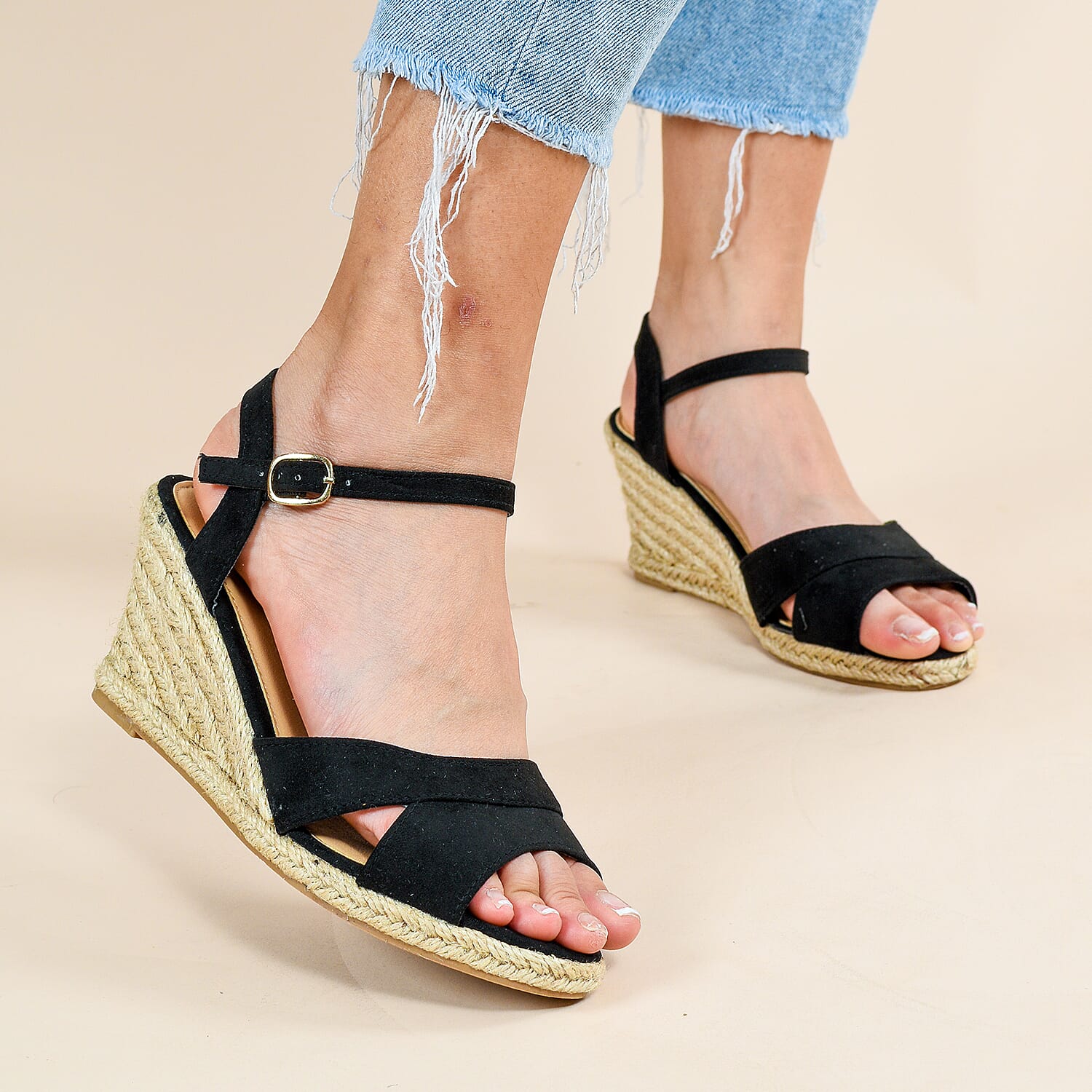 LA MAREY Open Toe High Heels Espadrilles Shoes  - Black