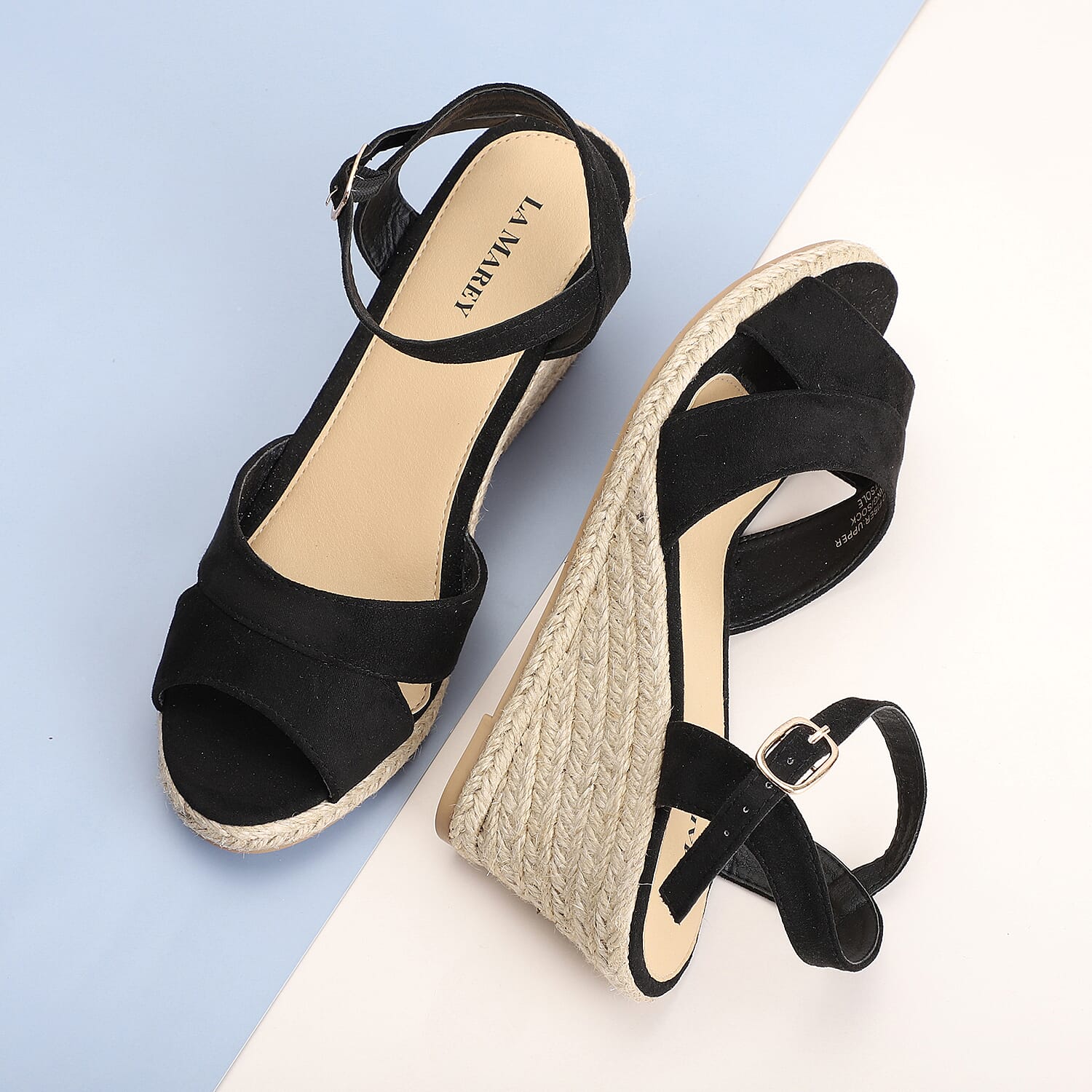 LA MAREY Open Toe High Heels Espadrilles Shoes  - Black