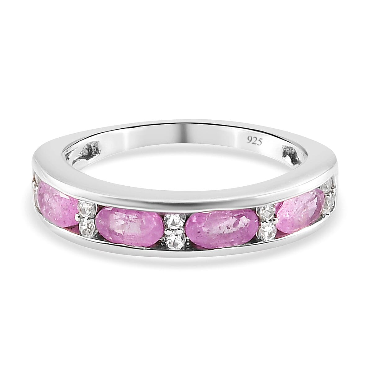 Pink Sapphire and Natural Cambodian Zircon Band Ring in Platinum Overlay Sterling Silver 1.30 Ct.