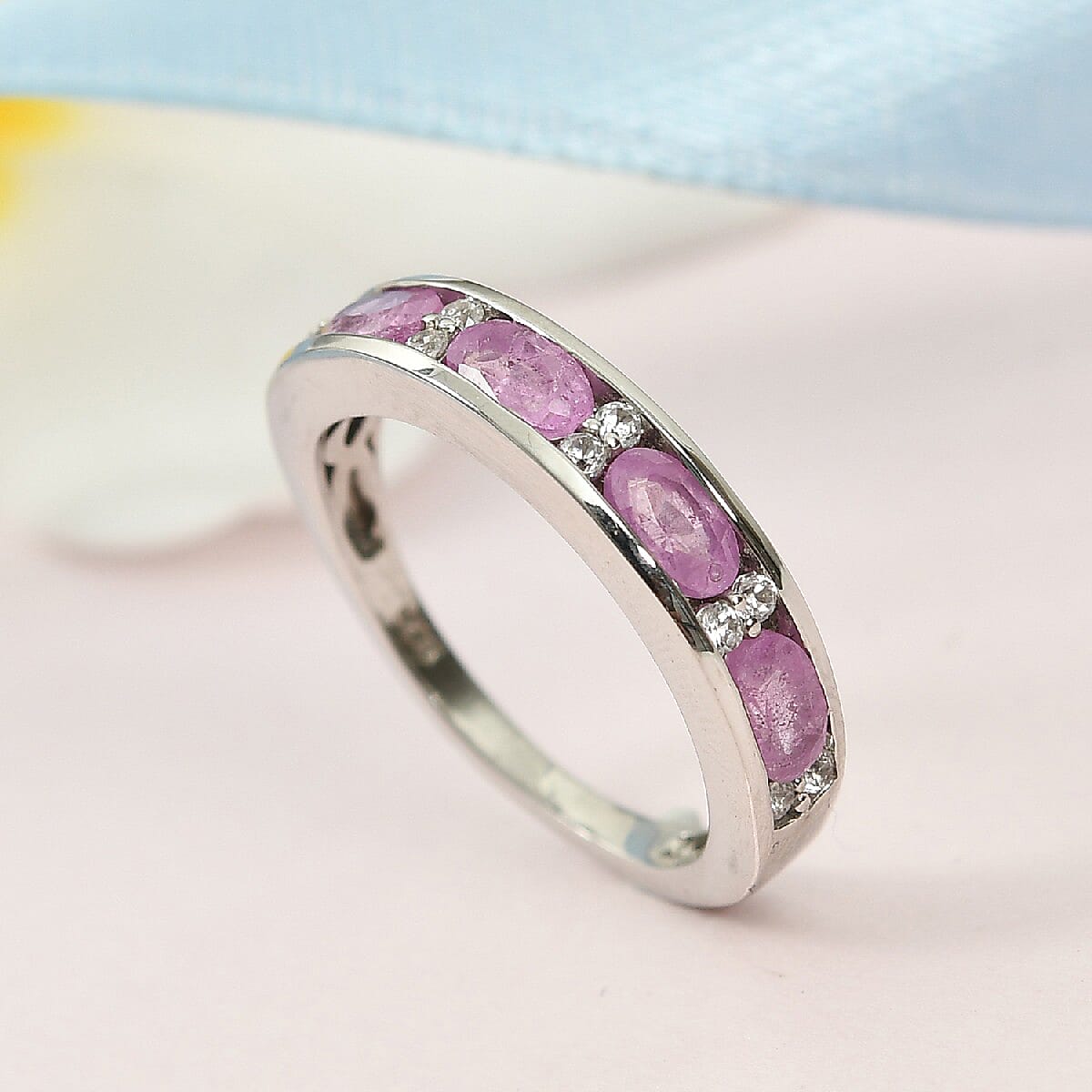 Pink Sapphire and Natural Cambodian Zircon Band Ring in Platinum Overlay Sterling Silver 1.30 Ct.
