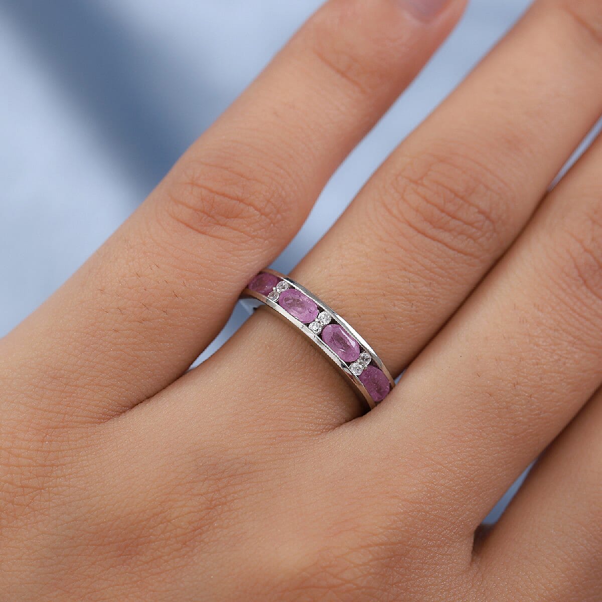 Pink Sapphire and Natural Cambodian Zircon Band Ring in Platinum Overlay Sterling Silver 1.30 Ct.