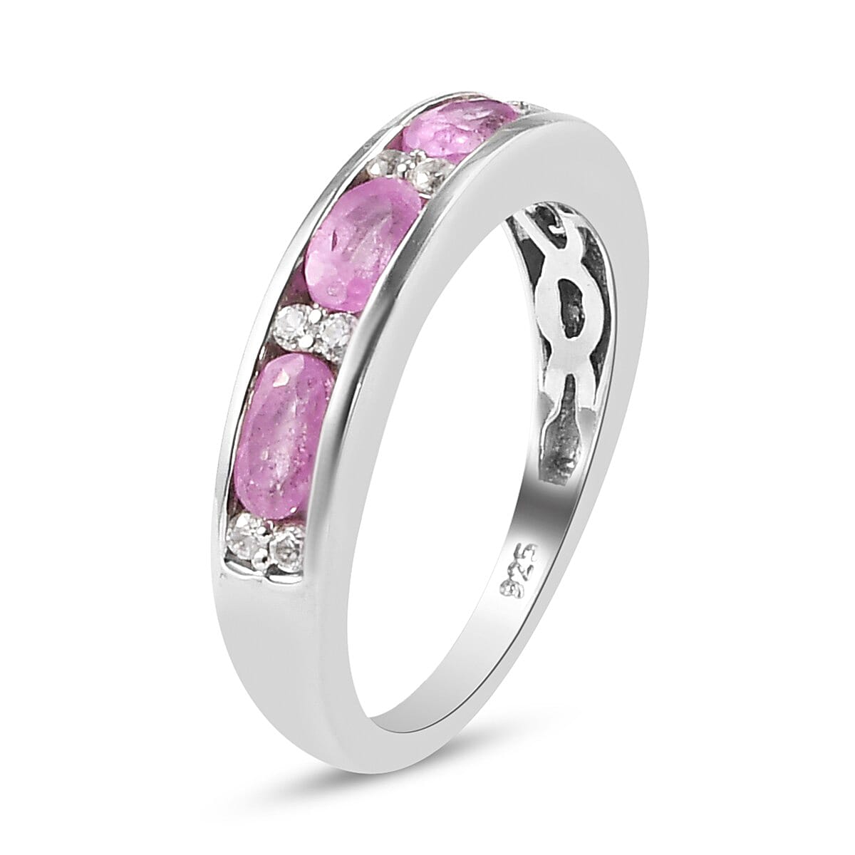 Pink Sapphire and Natural Cambodian Zircon Band Ring in Platinum Overlay Sterling Silver 1.30 Ct.
