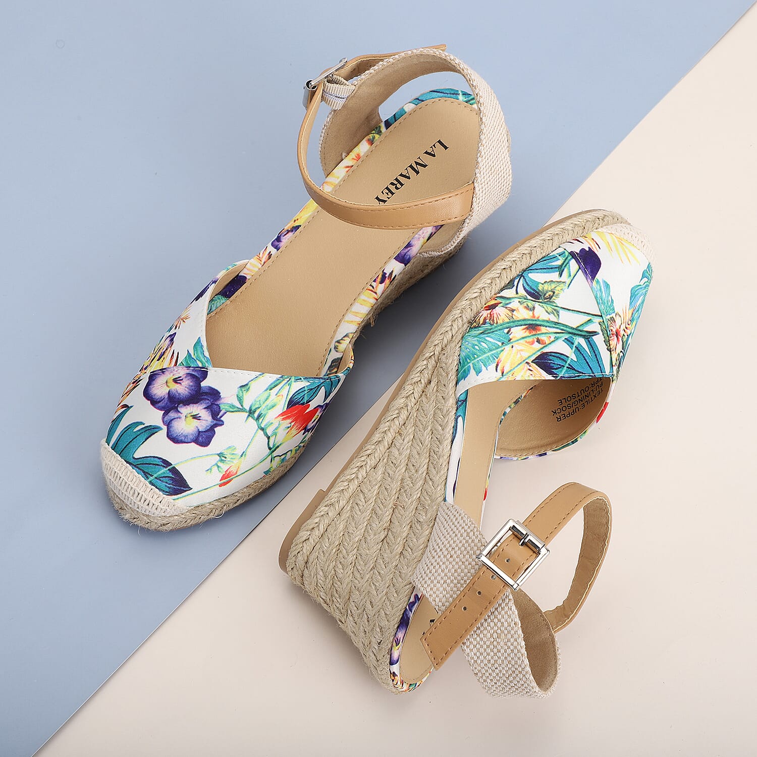 LA MAREY High Heel Floral Espadrilles with Hook & Loop Buckle- White & Multi