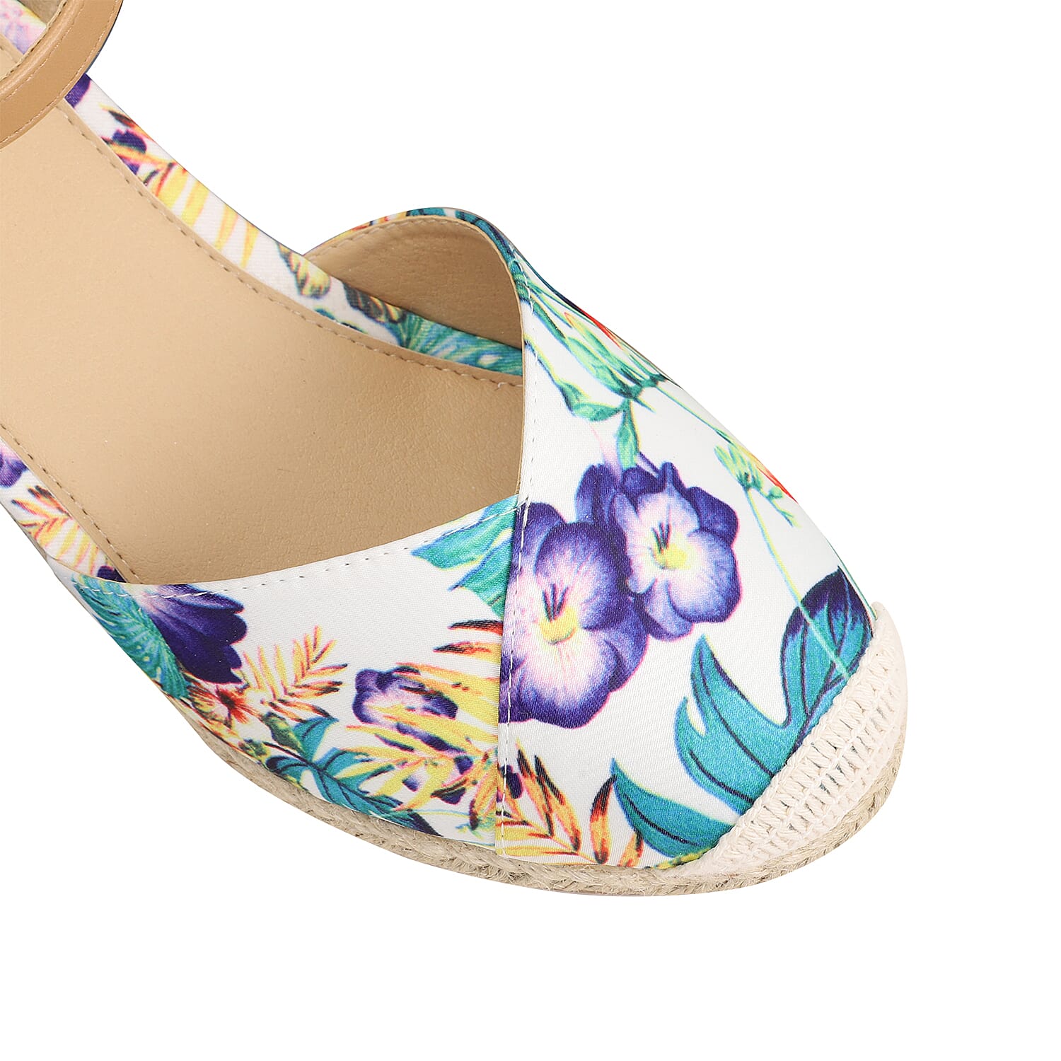 LA MAREY High Heel Floral Espadrilles with Hook & Loop Buckle- White & Multi