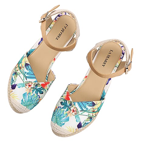 LA MAREY High Heel Floral Espadrilles Sandals with Hook & Loop Buckle (Size 6) - White & Multi