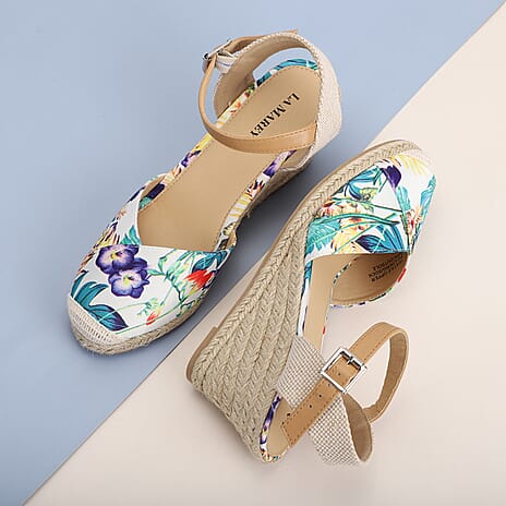 LA MAREY High Heel Floral Espadrilles Sandals with Hook & Loop Buckle (Size 6) - White & Multi