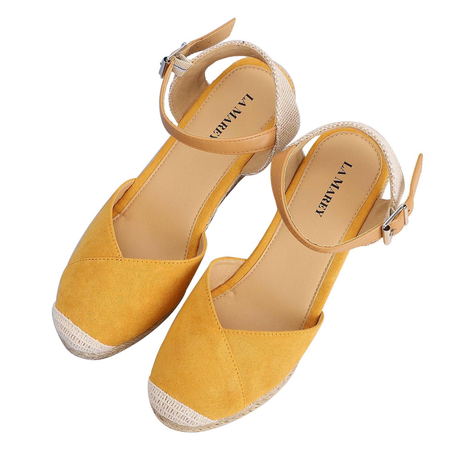 LA MAREY High Heel Floral Espadrilles with Hook & Loop Buckle- White & Multi