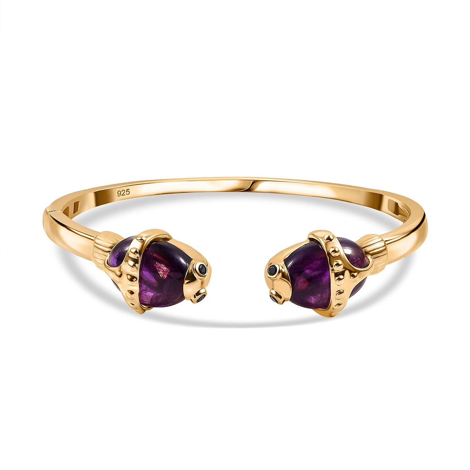 Sundays Child - Amethyst and Boi Ploi Black Spinel Fish Bangle (Size - 7.5) in 18K Vermeil Yellow Gold Plated Sterling Silver 23.28 Ct, Silver Wt. 27.21 Gms.