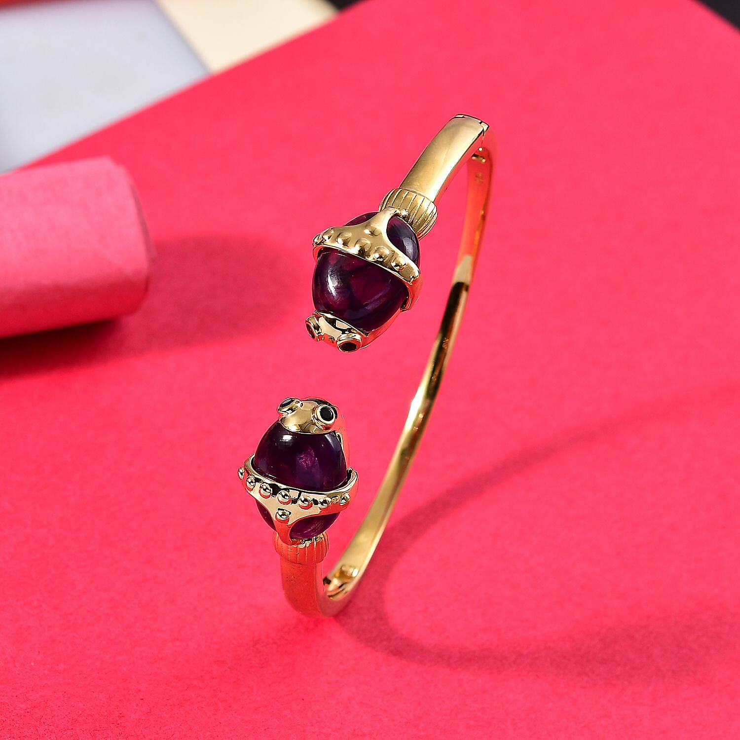 Sundays Child - Amethyst and Boi Ploi Black Spinel Fish Bangle (Size - 7.5) in 18K Vermeil Yellow Gold Plated Sterling Silver 23.28 Ct, Silver Wt. 27.21 Gms.