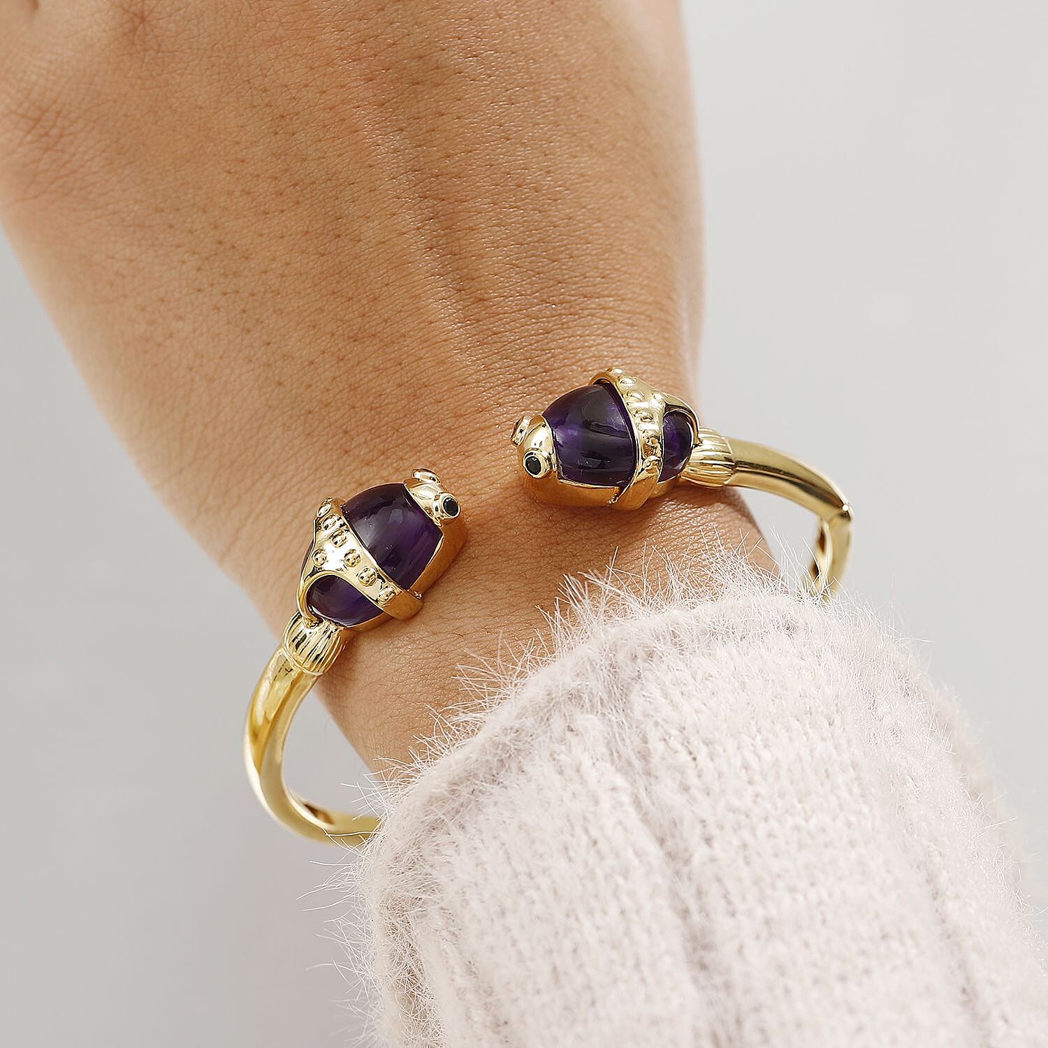 Sundays Child - Amethyst and Boi Ploi Black Spinel Fish Bangle (Size - 7.5) in 18K Vermeil Yellow Gold Plated Sterling Silver 23.28 Ct, Silver Wt. 27.21 Gms.