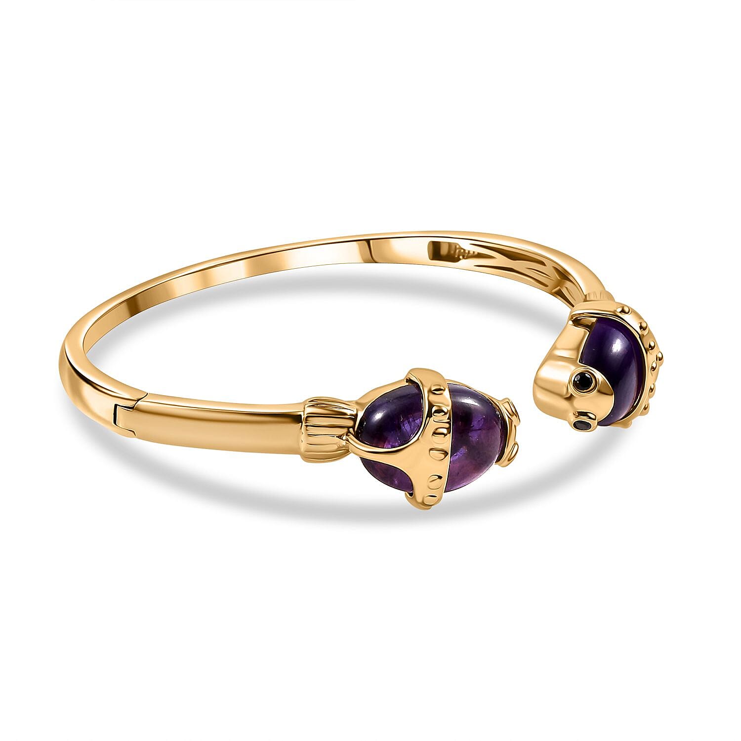 Sundays Child - Amethyst and Boi Ploi Black Spinel Fish Bangle (Size - 7.5) in 18K Vermeil Yellow Gold Plated Sterling Silver 23.28 Ct, Silver Wt. 27.21 Gms.