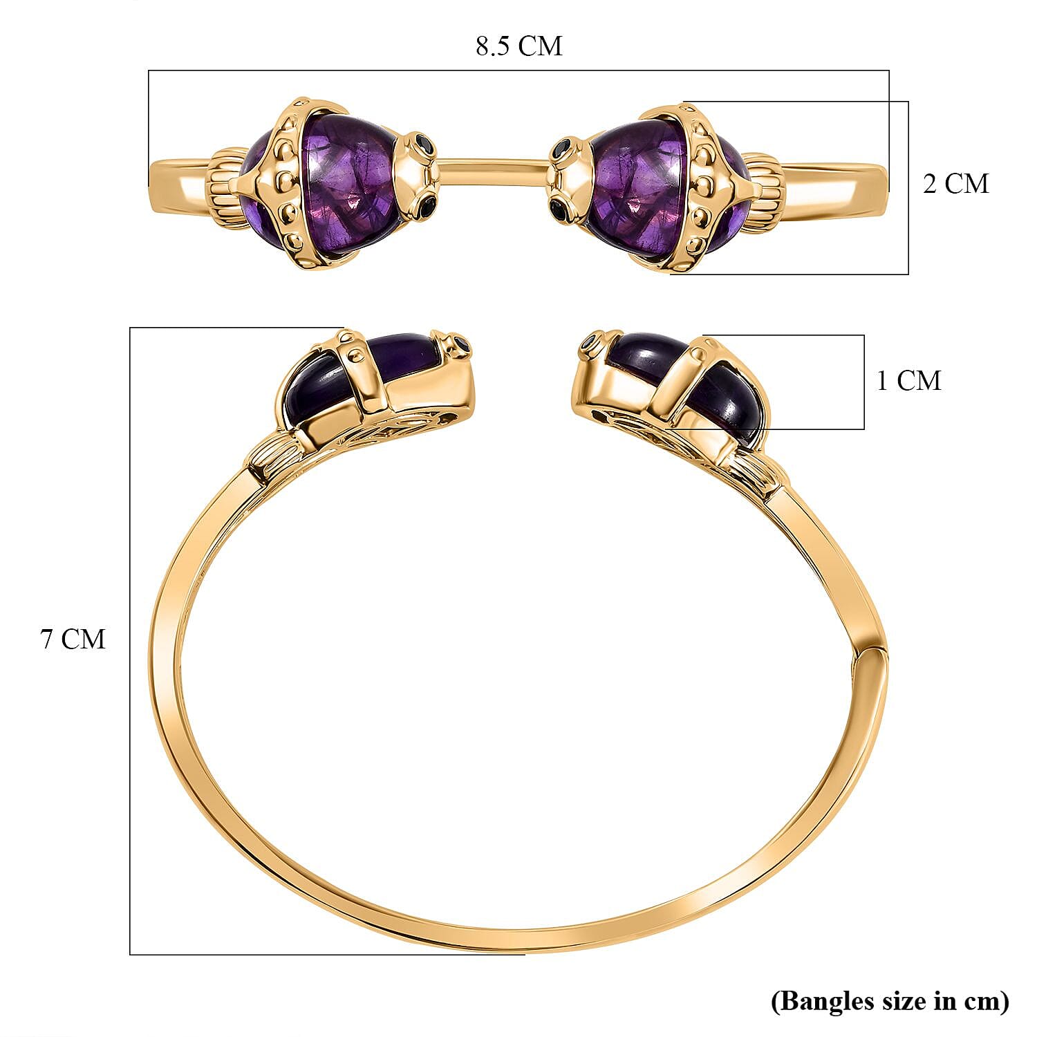 Sundays Child - Amethyst and Boi Ploi Black Spinel Fish Bangle (Size - 7.5) in 18K Vermeil Yellow Gold Plated Sterling Silver 23.28 Ct, Silver Wt. 27.21 Gms.