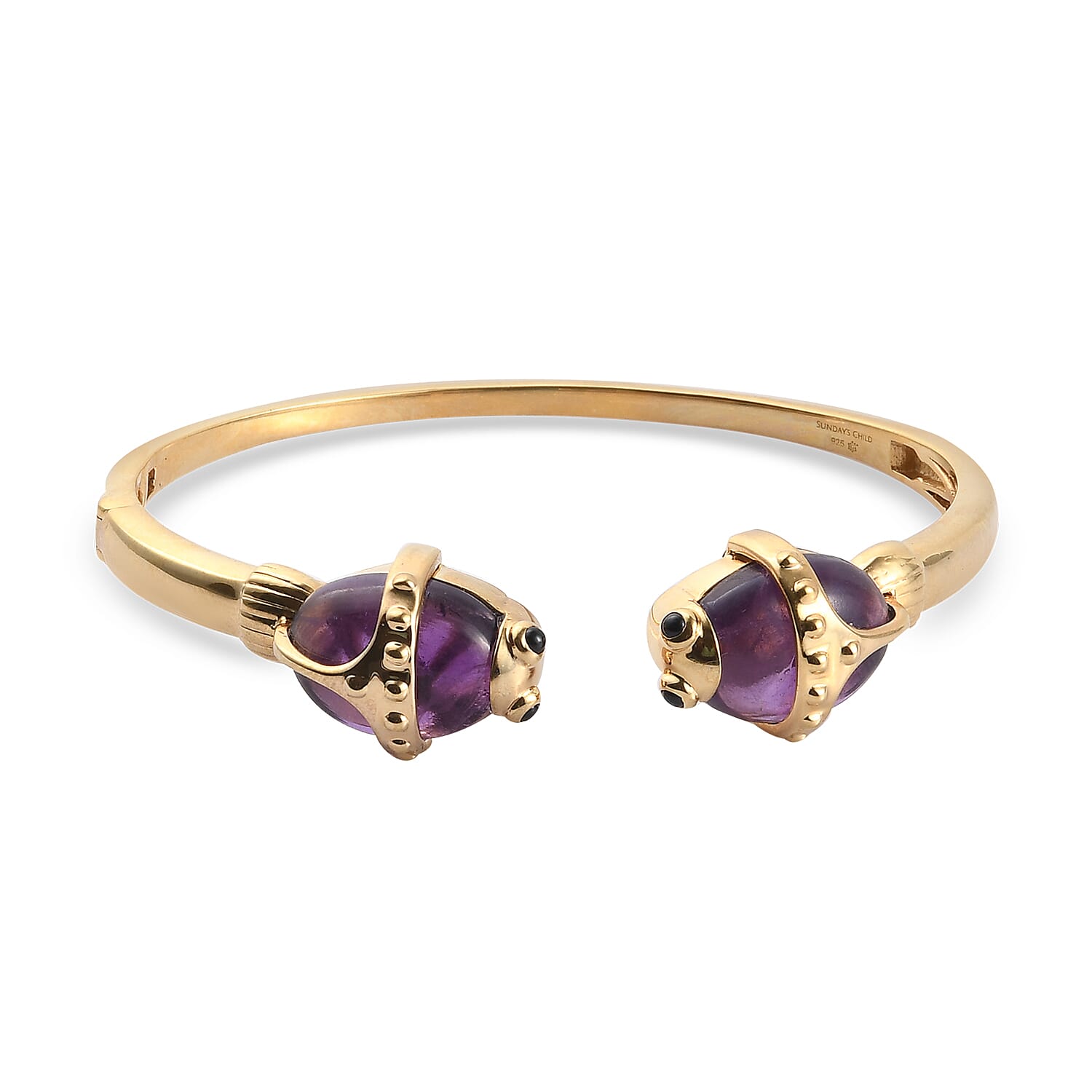 Sundays Child - Amethyst and Boi Ploi Black Spinel Fish Bangle (Size - 7.5) in 18K Vermeil Yellow Gold Plated Sterling Silver 23.28 Ct, Silver Wt. 27.21 Gms.