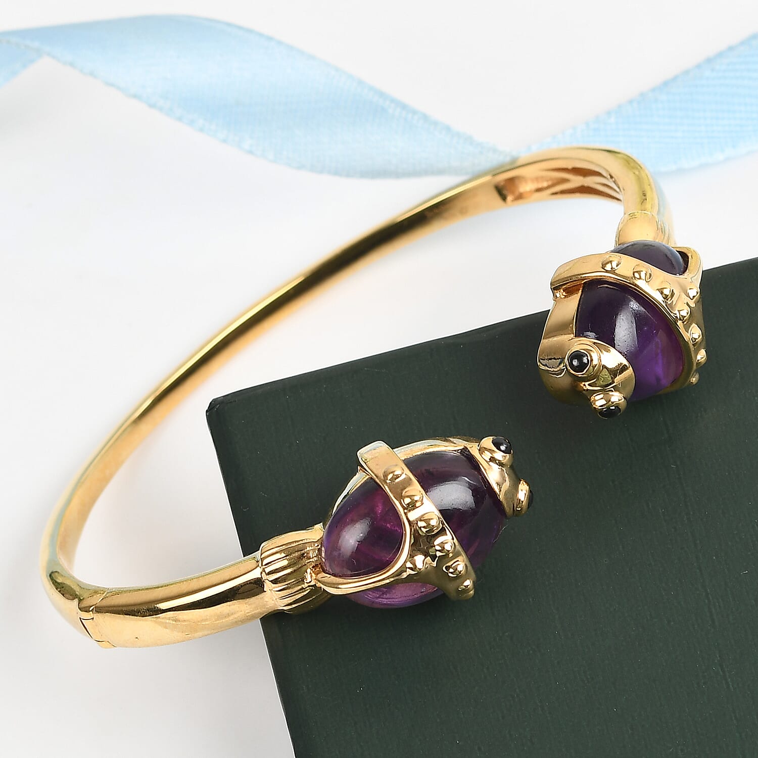 Sundays Child - Amethyst and Boi Ploi Black Spinel Fish Bangle (Size - 7.5) in 18K Vermeil Yellow Gold Plated Sterling Silver 23.28 Ct, Silver Wt. 27.21 Gms.