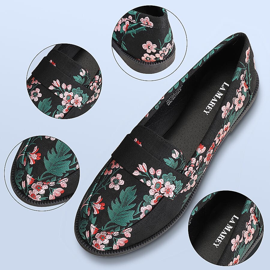 LA MAREY Loafer Embroidery Shoes (Size 3) - Black & Pink