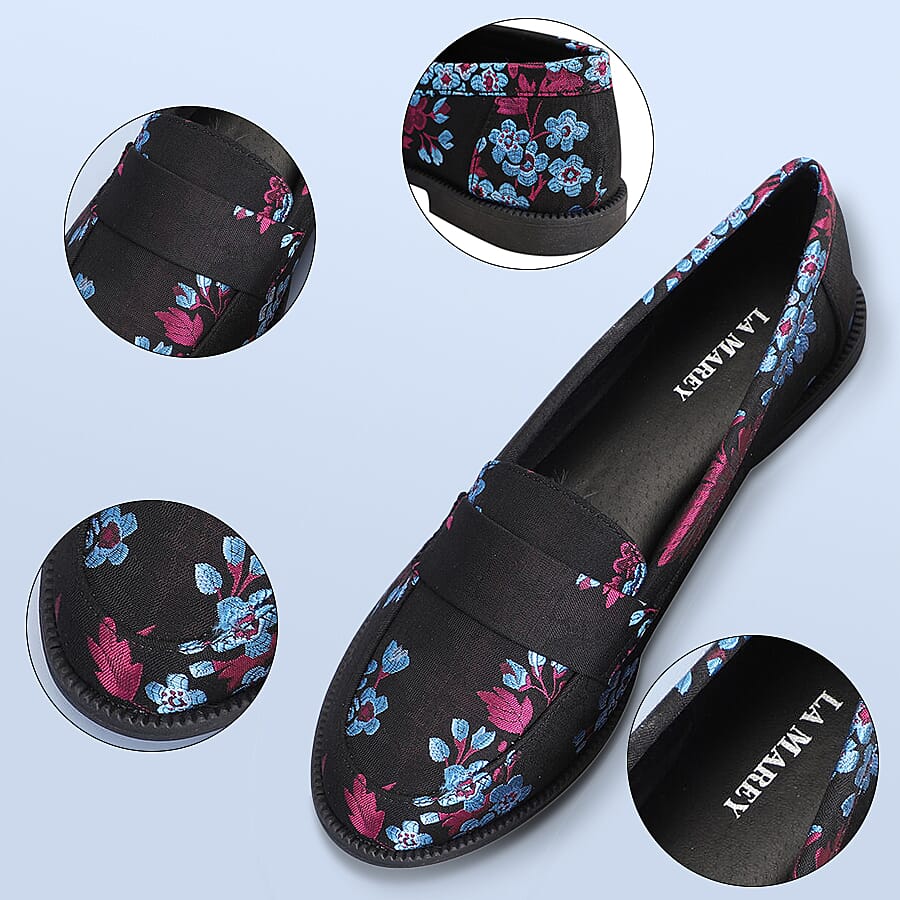 LA MAREY Loafer Embroidery Shoes (Size 4) - Black & Blue