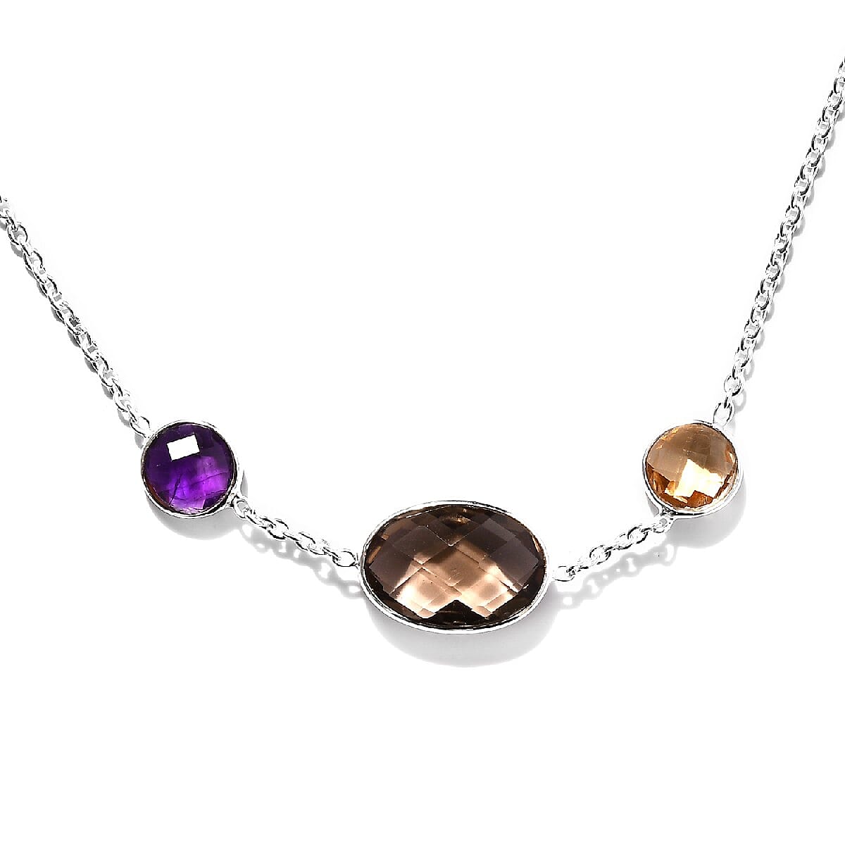 Rose Quartz, Amethyst and Multi Gemstone Station Necklace (Size - 20) in Sterling Silver 17.71 Ct, Silver wt 5.00 Gms