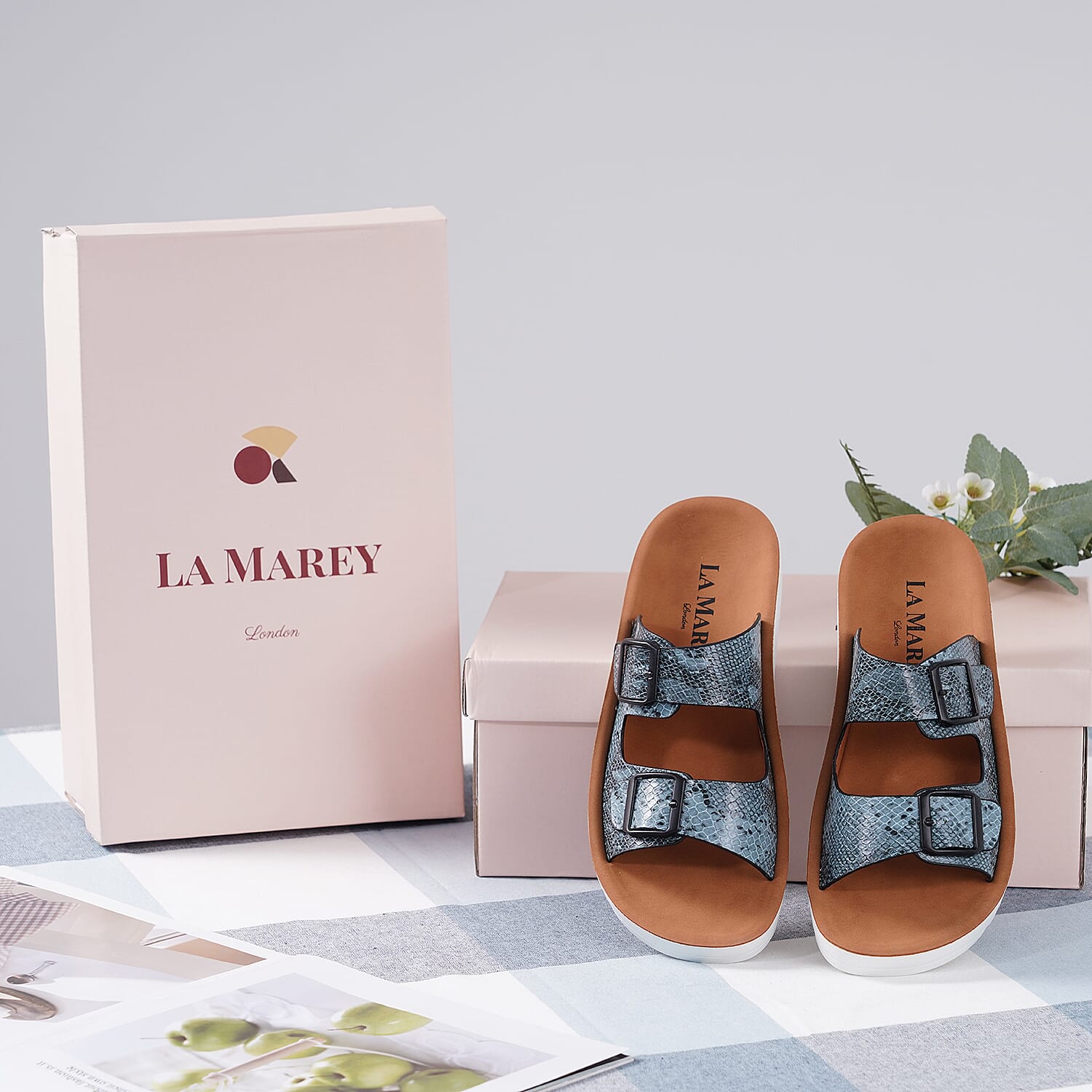 LA MAREY Snake Skin Pattern Two Strap Slip on Sandal (Size 3) - Blue