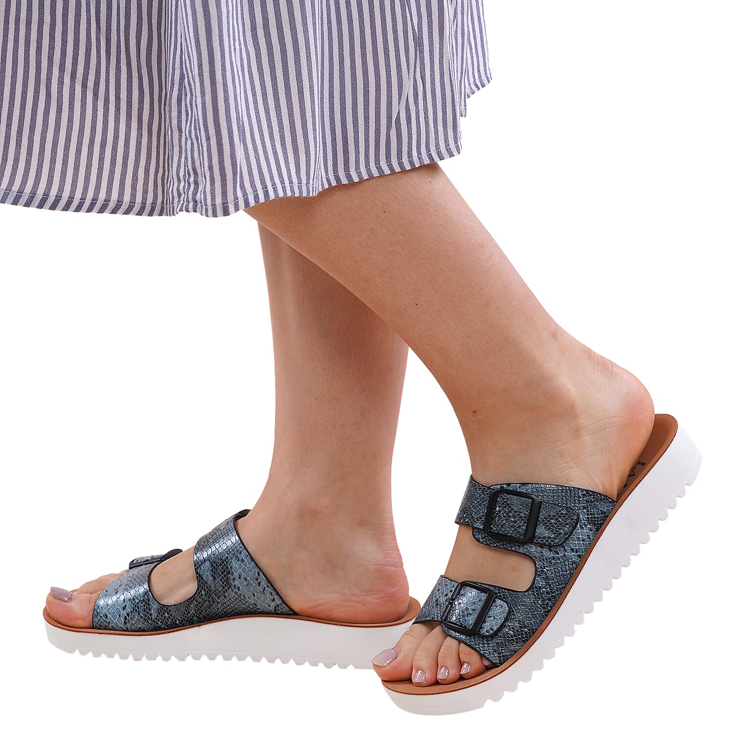 LA MAREY Snake Skin Pattern Two Strap Slip on Sandal (Size 3) - Blue