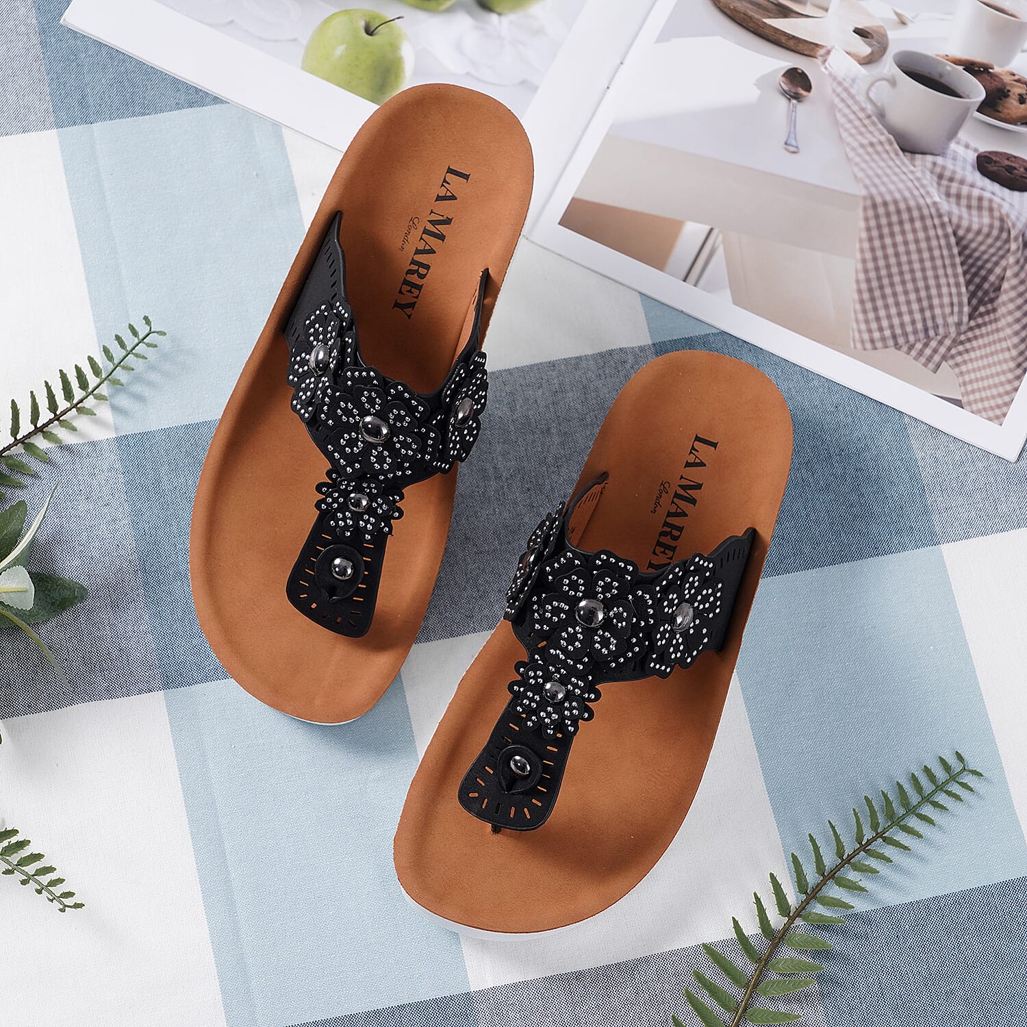 LA MAREY Floral Pattern Sandals (Size 3) - Black