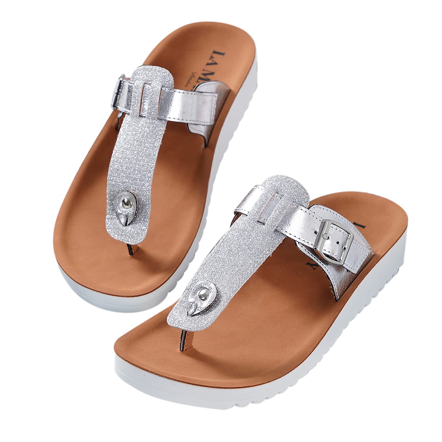 LA MAREY Flat Womens Sandals (Size 3) with Buckle - Silver