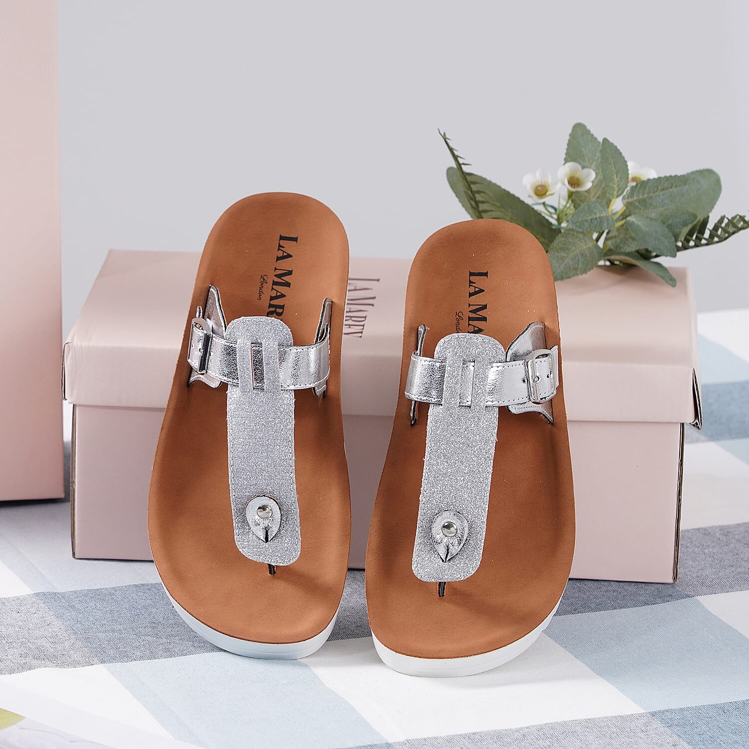 LA MAREY Flat Womens Sandals (Size 3) with Buckle - Silver