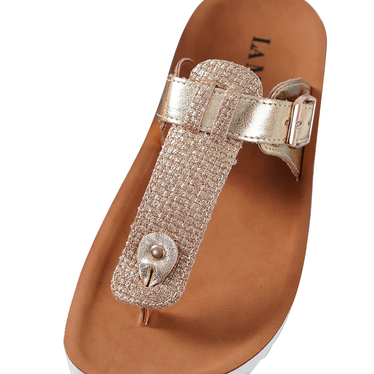 LA MAREY Flat Womens Sandals (Size 5) with Buckle - Gold
