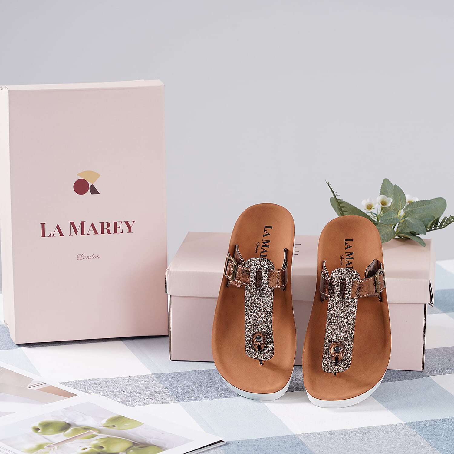 LA MAREY Flat Womens Sandals (Size 5) with Buckle - Bronze