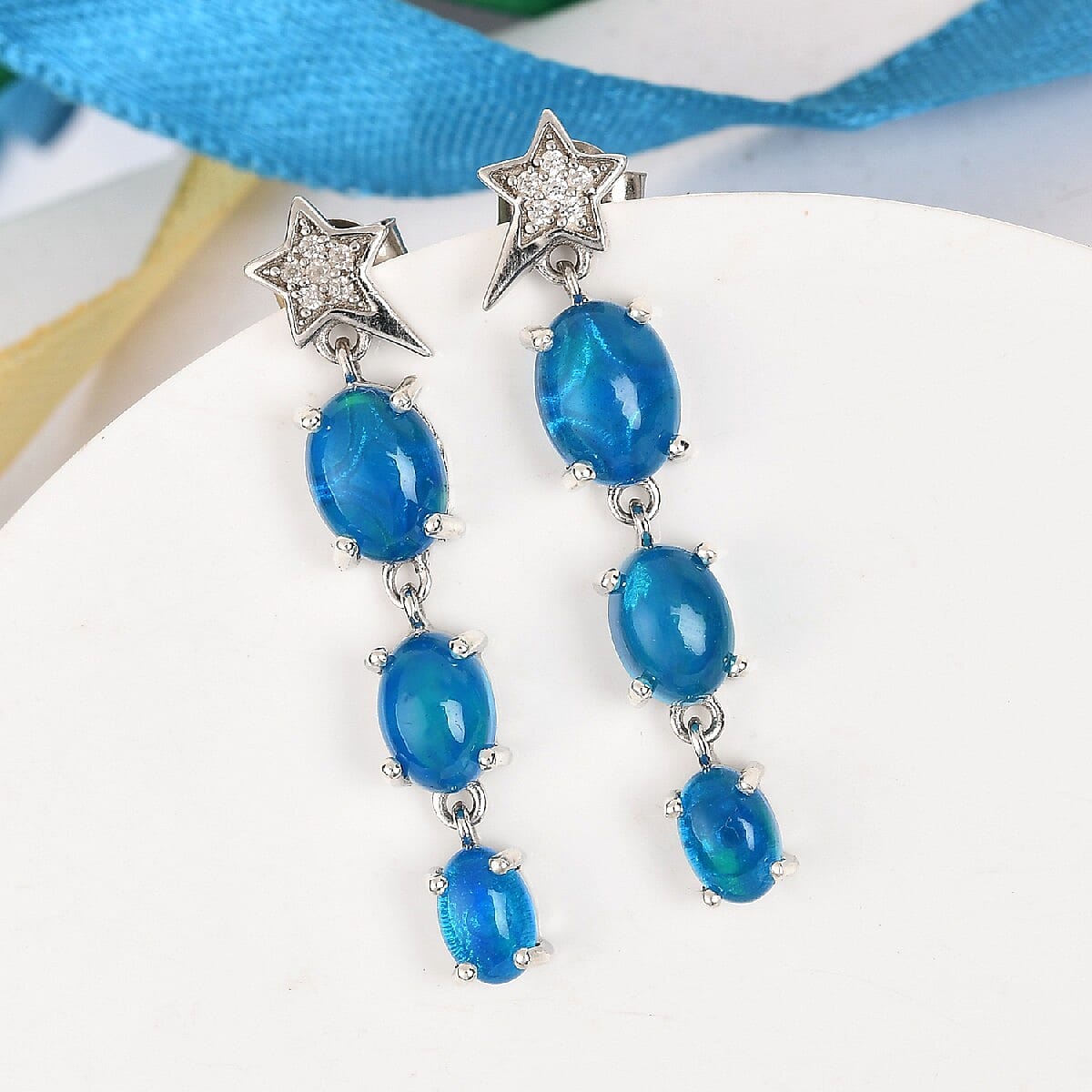 GP Celestial Dream Collection - Miami Blue Welo Opal, Natural Cambodian Zircon and Blue Sapphire Dangling Earrings in Platinum Overlay Sterling Silver 3.33 Ct.