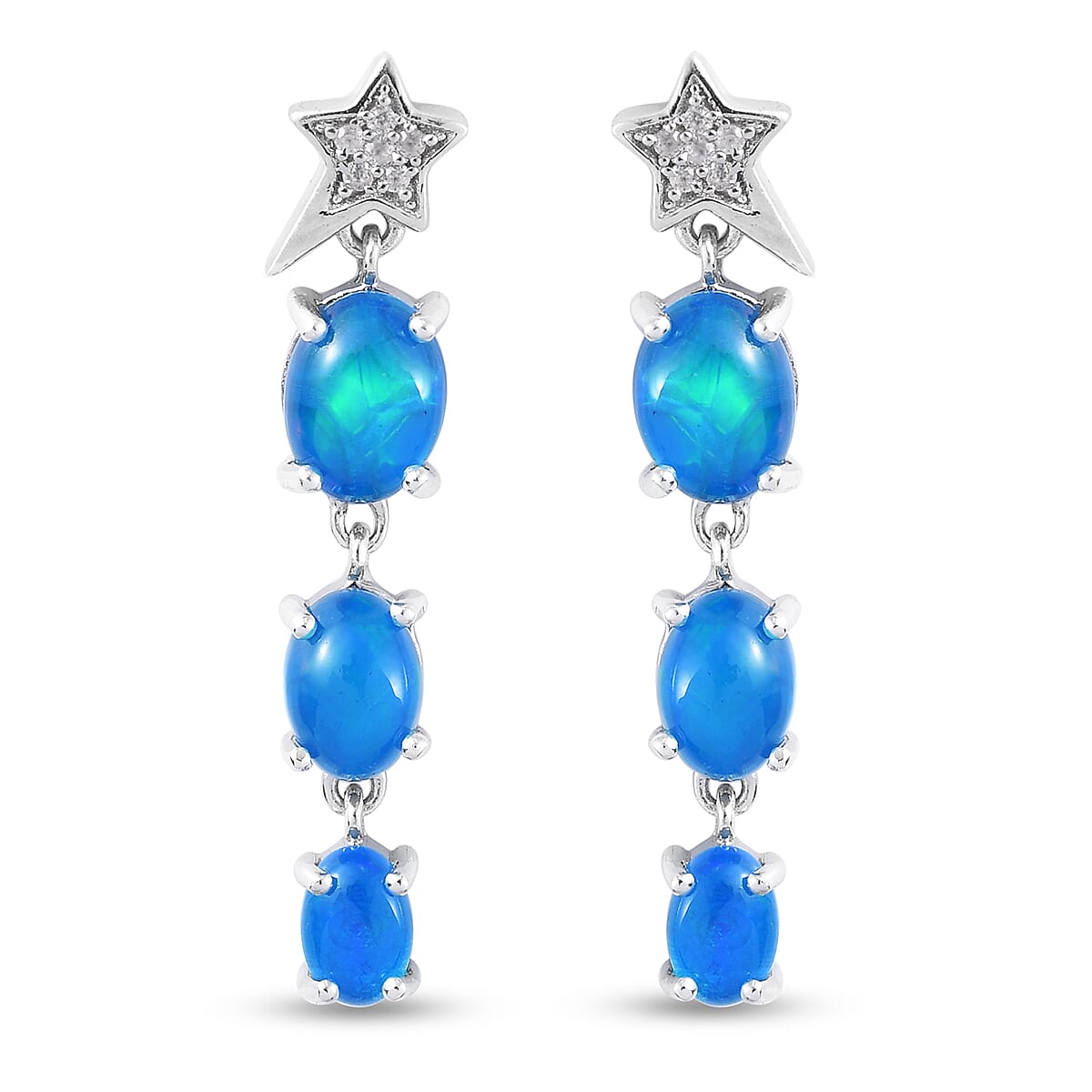 GP Celestial Dream Collection - Miami Blue Welo Opal, Natural Cambodian Zircon and Blue Sapphire Dangling Earrings in Platinum Overlay Sterling Silver 3.33 Ct.
