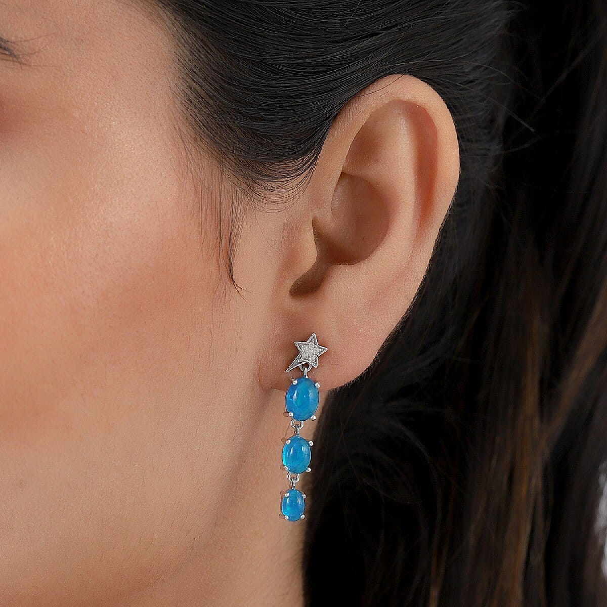 GP Celestial Dream Collection - Miami Blue Welo Opal, Natural Cambodian Zircon and Blue Sapphire Dangling Earrings in Platinum Overlay Sterling Silver 3.33 Ct.