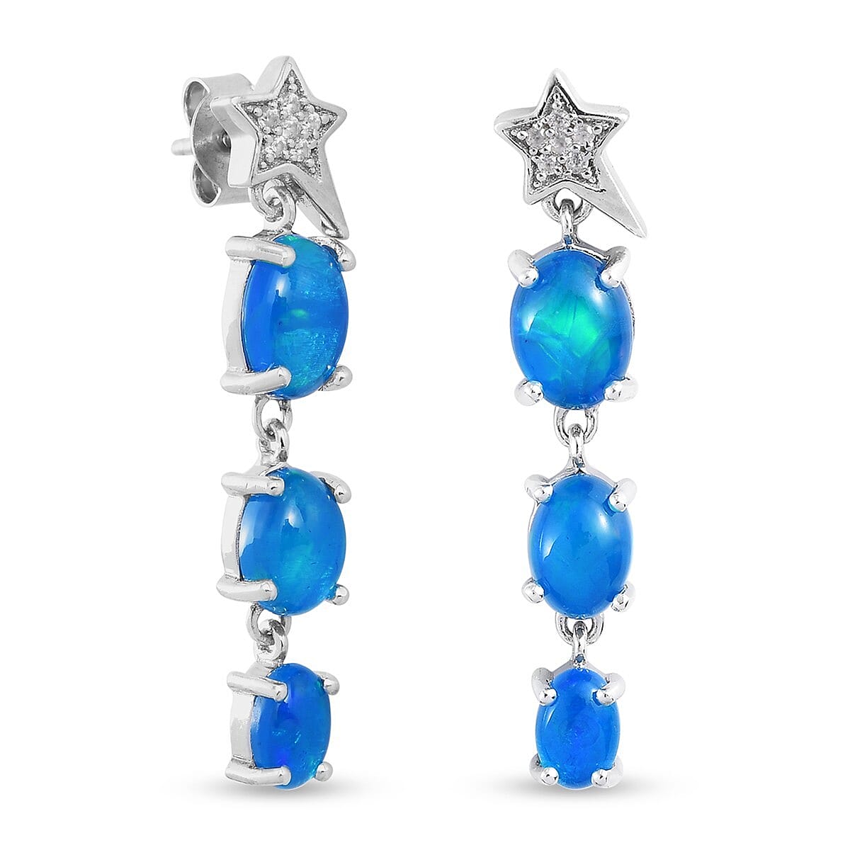 GP Celestial Dream Collection - Miami Blue Welo Opal, Natural Cambodian Zircon and Blue Sapphire Dangling Earrings in Platinum Overlay Sterling Silver 3.33 Ct.
