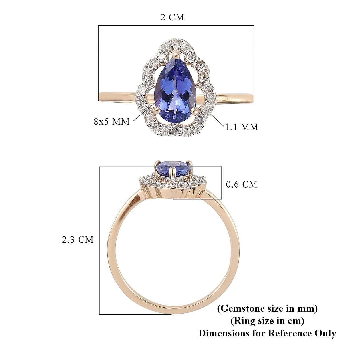 9K Yellow Gold AA Tanzanite and Diamond Ring 1.00 Ct.
