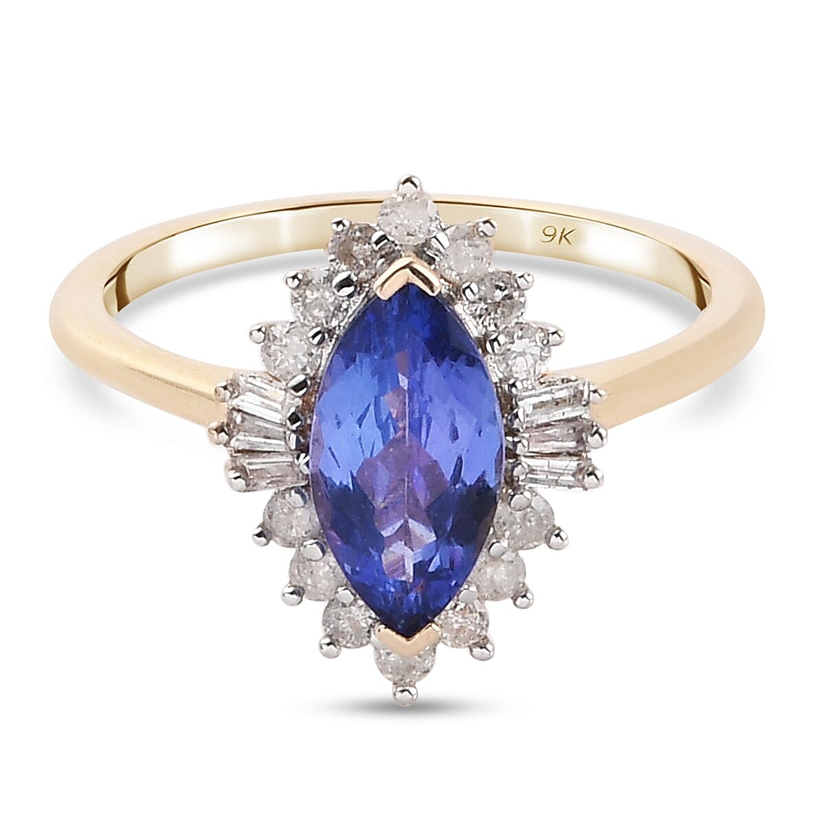 9K Yellow Gold Tanzanite and Diamond Halo Ring 1.27 Ct.