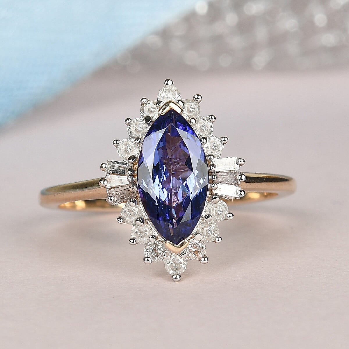 9K Yellow Gold Tanzanite and Diamond Halo Ring 1.27 Ct.