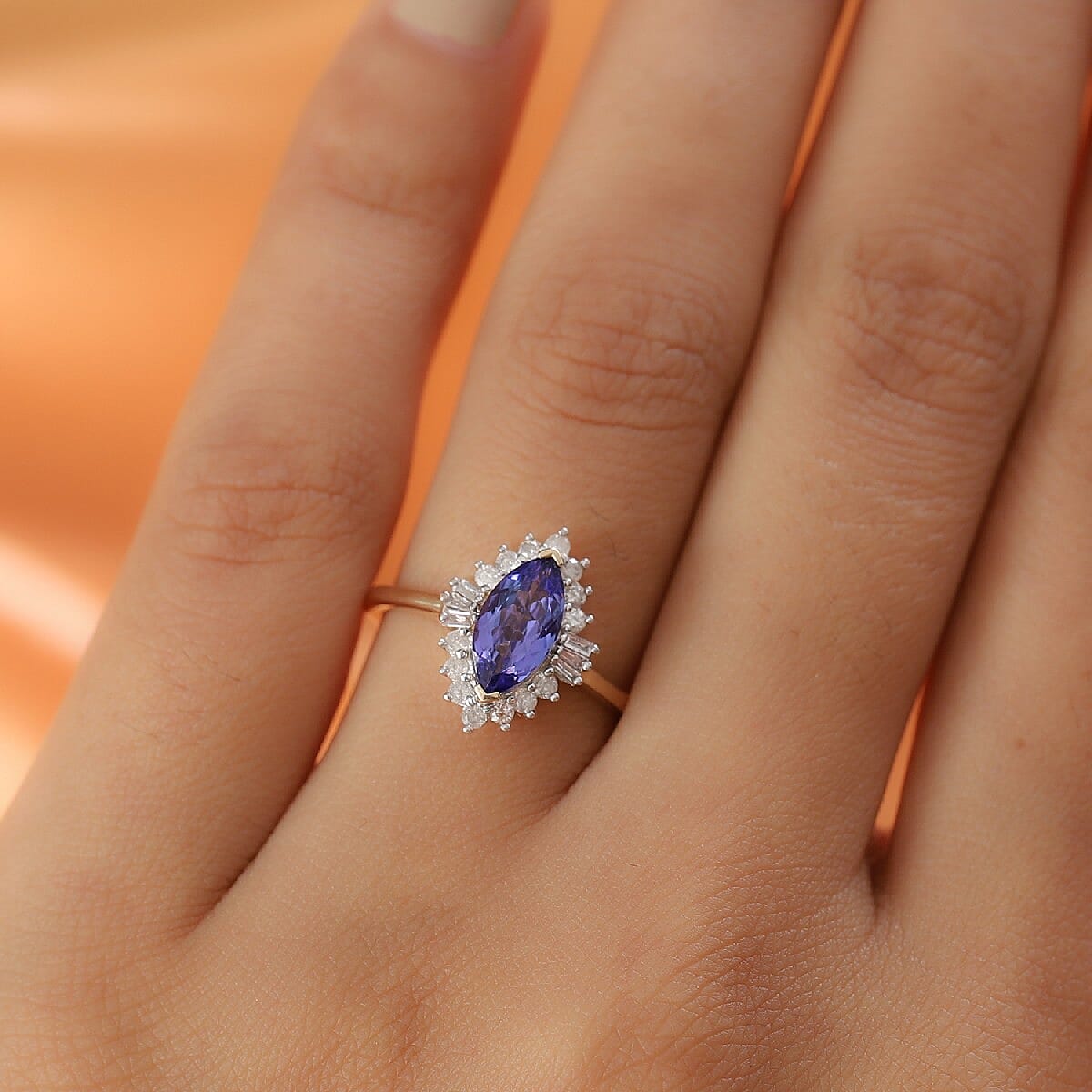 9K Yellow Gold Tanzanite and Diamond Halo Ring 1.27 Ct.