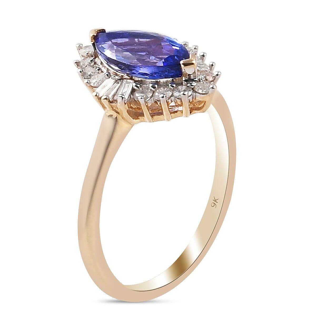 9K Yellow Gold Tanzanite and Diamond Halo Ring 1.27 Ct.