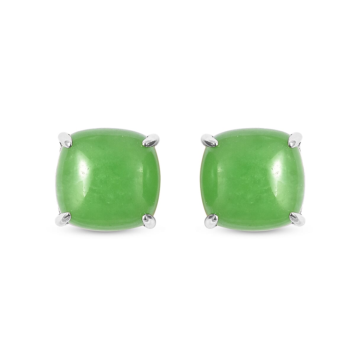 Green Jade Stud Earrings (with Push Back) in Rhodium Overlay Sterling Silver 9.00 Ct.